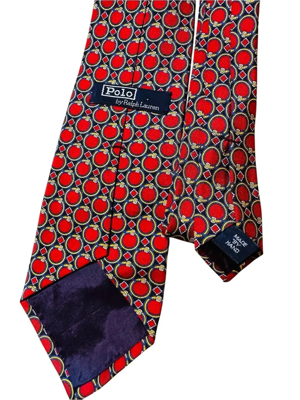 Polo Ralph Lauren Mens Neck Tie Red Blue Gold Circle 100% Silk Hand Made USA
